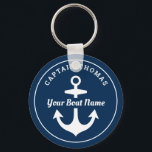 Nautical Navy Blue Custom Captain Boat Name Key Ring<br><div class="desc">Round nautical keychain design features a simple,  stylish navy blue and white coastal style design with boat anchor accent. Personalise the custom text with the name of the boat and boat owner / captain - other other preferred wording.</div>
