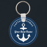 Nautical Navy Blue Custom Captain Boat Name Key Ring<br><div class="desc">Round nautical keychain design features a simple,  stylish navy blue and white coastal style design with boat anchor accent. Personalise the custom text with the name of the boat and boat owner / captain - other other preferred wording.</div>