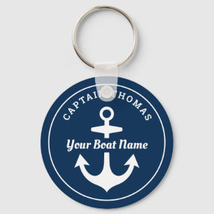Nautical Navy Blue Custom Captain Boat Name Key Ring