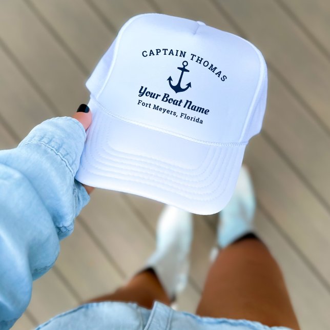 Nautical Navy Blue Custom Captain Boat Name Trucker Hat (Creator Uploaded)