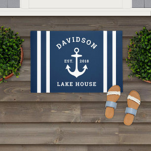 Nautical Navy Blue Custom Family Lake House Anchor Doormat