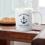 Nautical Navy Blue Custom Family Lake House Coffee Mug<br><div class="desc">Nautical fleece "Lake House" coffee mug features a coastal style boat anchor and classic style typography design. Personalise the custom text with a family last name   lake house (or other title),  the year established,  and location. Classic navy blue and white colour scheme.</div>