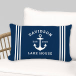 Nautical Navy Blue Custom Family Lake House Lumbar Cushion<br><div class="desc">Nautical fleece "Lake House" throw pillow features a coastal style boat anchor and stripes design. Personalise the custom text with a family last name   lake house (or other title) with the year established. Classic navy blue and white colour scheme. Indoor and outdoor pillow fabrics available.</div>