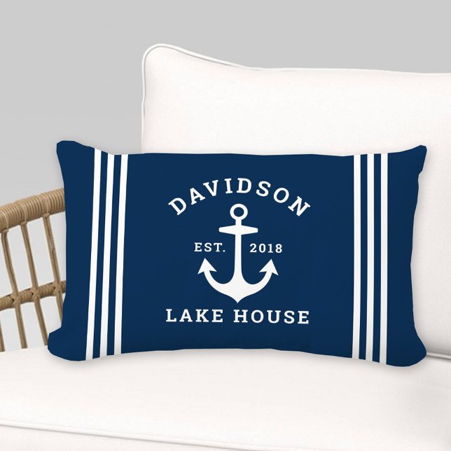 Nautical Navy Blue Custom Family Lake House Lumbar Cushion (Creator Uploaded)
