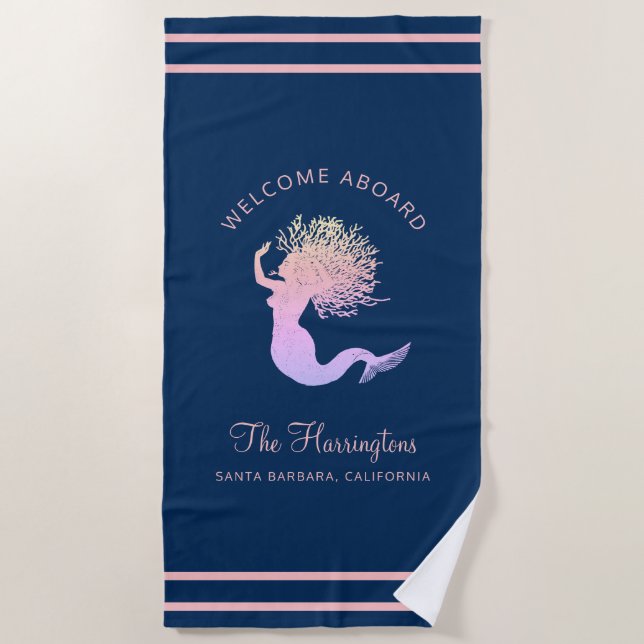 Nautical Navy Blue Custom Name Mermaid Beach Towel (Front)