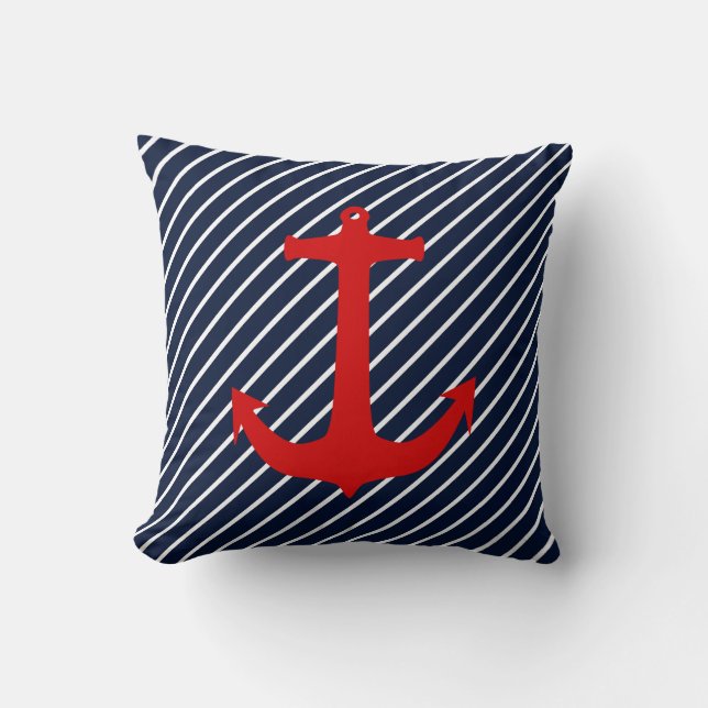 Nautical Navy Blue Diagonal Stripe Red Anchor Cushion (Front)