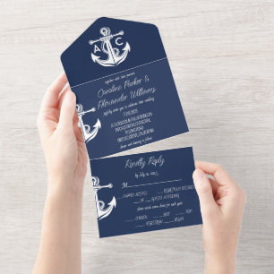 Nautical Navy Blue Elegant Modern Boat Wedding All In One Invitation