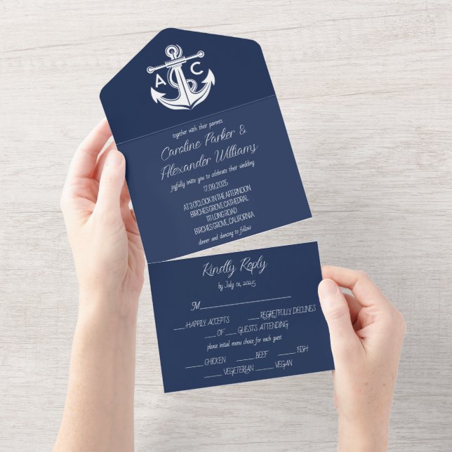 Nautical Navy Blue Elegant Modern Ocean Wedding All In One Invitation (Tearaway)