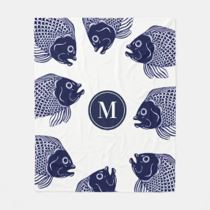 Nautical Navy Blue Fish Head   Personalised Fleece Blanket