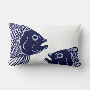 Nautical Navy Blue Fish Heads Lumbar Cushion