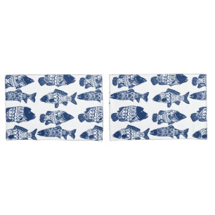 Nautical Navy Blue Floral Patterned Fish Pillowcase