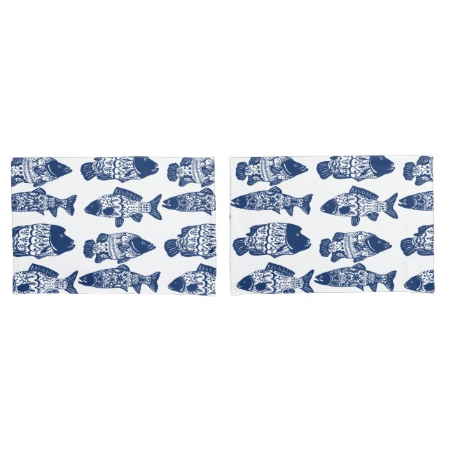Nautical Navy Blue Floral Patterned Fish Pillowcase (Front-Set)