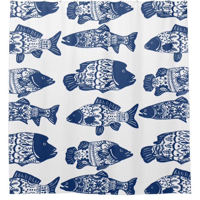 Nautical Navy Blue Floral Patterned Fish Shower Curtain (Front)