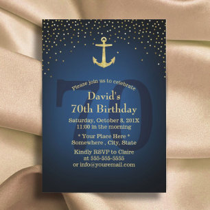 Nautical Navy Blue Gold Anchor 70th Birthday Party Invitation