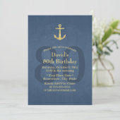 Nautical Navy Blue Gold Anchor 80th Birthday Party Invitation (Standing Front)