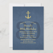 Nautical Navy Blue Gold Anchor 80th Birthday Party Invitation (Front)
