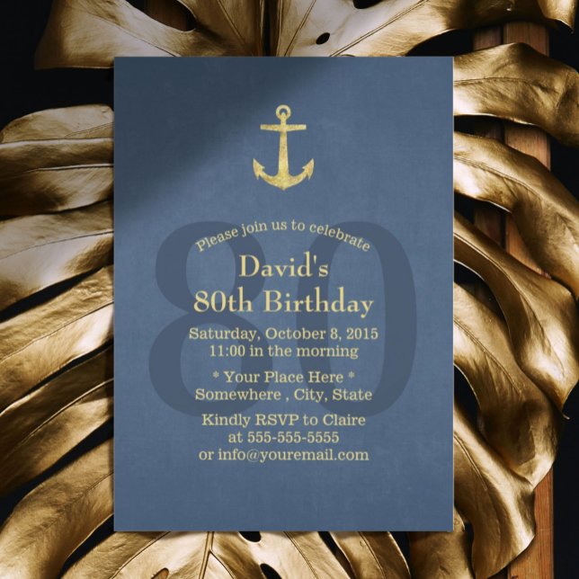 Nautical Navy Blue Gold Anchor 80th Birthday Party Invitation