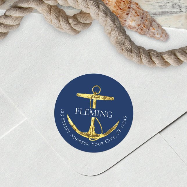 Nautical Navy Blue Gold Anchor Address Label (Creator Uploaded)
