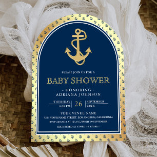 Nautical Navy Blue Gold Anchor Arch Baby Shower Invitation