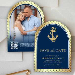 Nautical Navy Blue Gold Anchor Arch Photo Wedding Save The Date