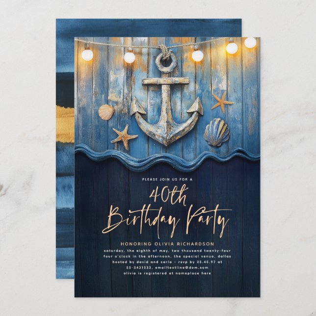 Nautical Navy Blue & Gold Anchor Birthday Party Invitation (Front/Back)