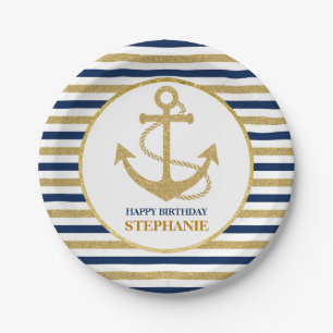 Nautical Navy Blue Gold Anchor Paper Plate