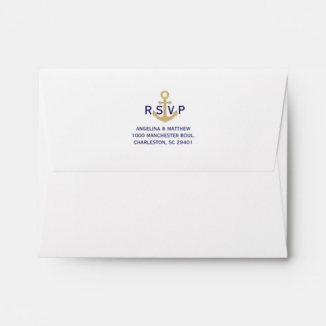 Nautical Navy Blue Gold Anchor RSVP Wedding Envelope (Back (Top Flap))