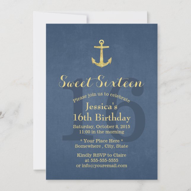 Nautical Navy Blue Gold Anchor Sweet 16 Invitation (Front)