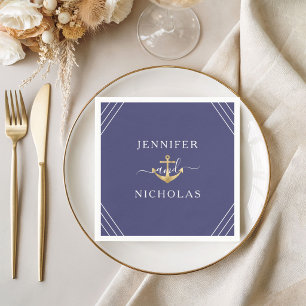 Nautical Navy Blue Gold Anchor Wedding Napkin