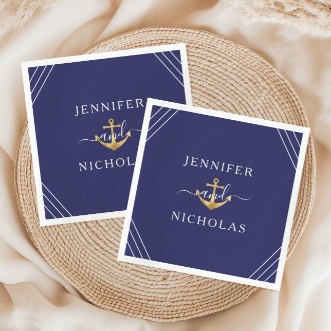 Nautical Navy Blue Gold Anchor Wedding Napkin (Nautical Navy Blue Gold Anchor Wedding Napkins)