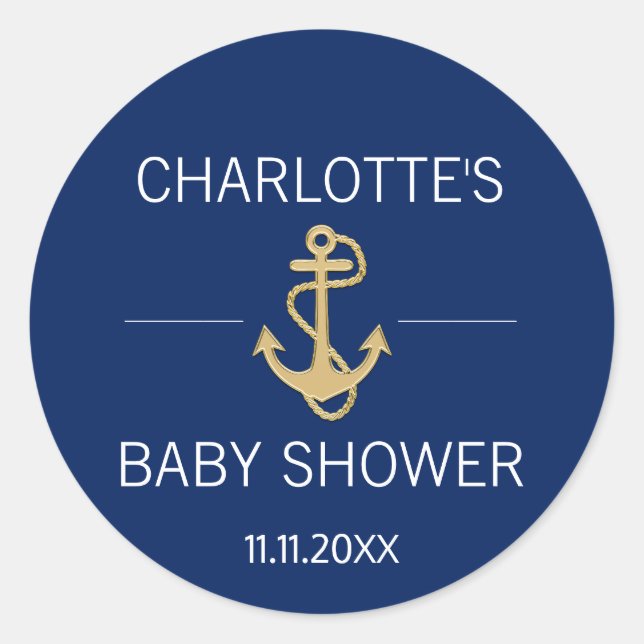 Nautical Navy Blue Gold Anchor White BABY SHOWER Classic Round Sticker (Front)