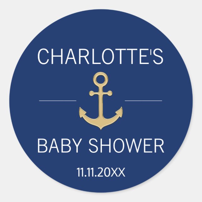 Nautical Navy Blue Gold Anchor White BABY SHOWER Classic Round Sticker (Front)