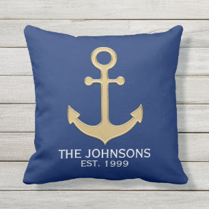 Nautical Navy Blue Gold Anchor White Family Cushion