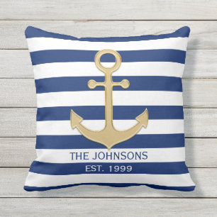 Nautical Navy Blue Gold Anchor White Stripes Cushion