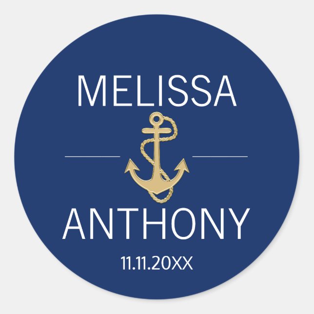 Nautical Navy Blue Gold Anchor White Wedding Classic Round Sticker (Front)