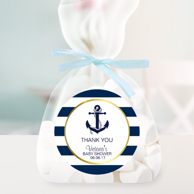 Nautical Navy Blue Gold Stripes Anchor Baby Shower Classic Round Sticker (Creator Uploaded)