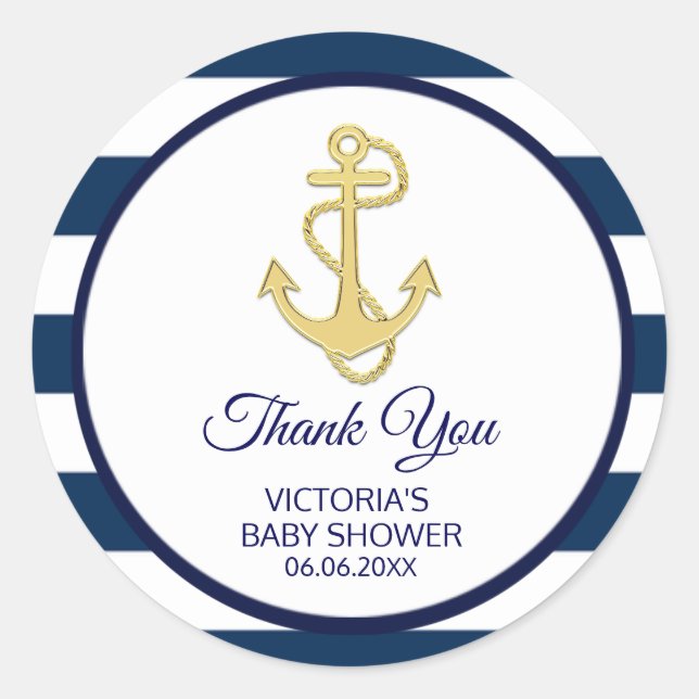 Nautical Navy Blue Gold Stripes Anchor Baby Shower Classic Round Sticker (Front)