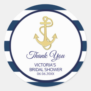 Nautical Navy Blue Gold Stripes  BRIDAL Shower Classic Round Sticker