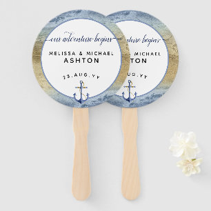 #Nautical Navy Blue Gold Watercolor Event Wedding Hand Fan