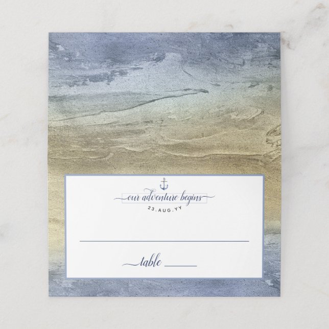 #Nautical Navy Blue Gold Watercolor Event Wedding Place Card (Outside Unfolded)