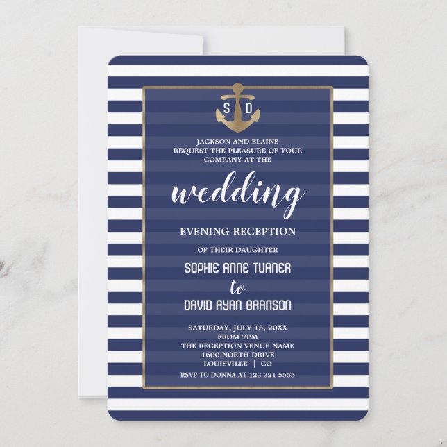 Nautical Navy Blue Gold Wedding Evening Reception Invitation (Front)