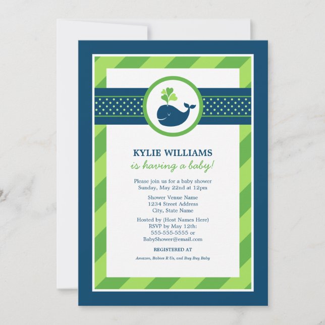 Nautical Navy Blue Green Whale Boy Baby Shower Invitation (Front)