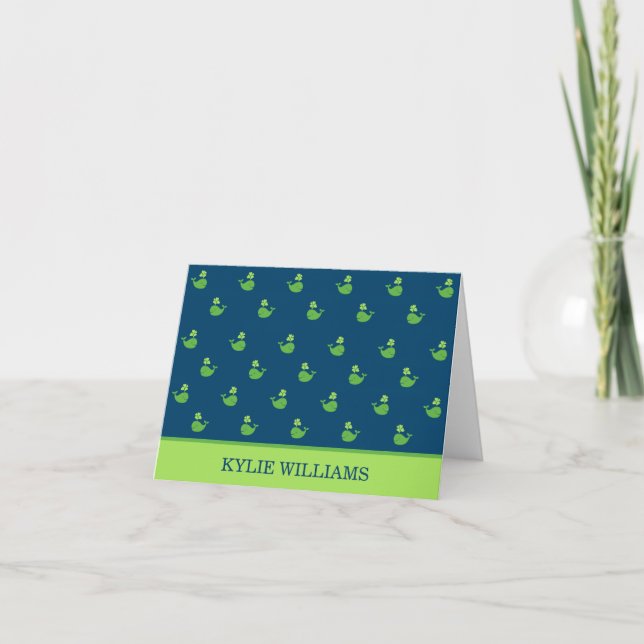 Nautical Navy Blue Green Whale Pattern Custom Name Thank You Card (Front)
