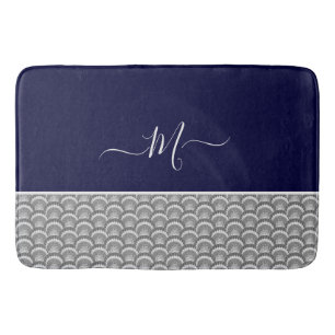 Nautical Navy Blue Grey Seashell Monogram initial  Bath Mat