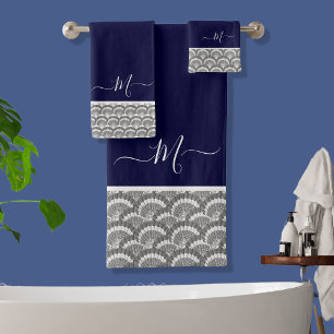 Nautical Navy Blue Grey Seashell Monogram initial Bath Towel Set
