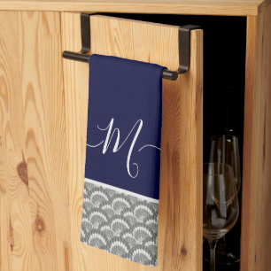 Nautical Navy Blue Grey Seashell Monogram initial  Tea Towel