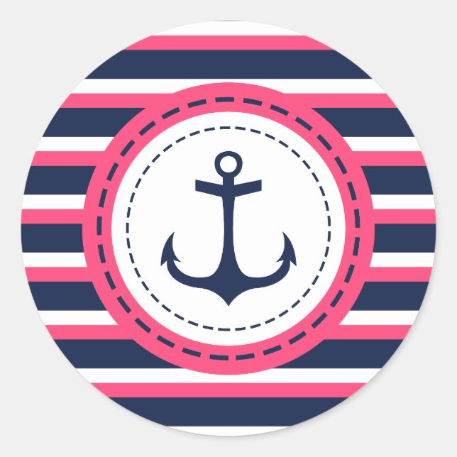Nautical Navy Blue Hot Pink Stripes Anchor Design Classic Round Sticker (Front)