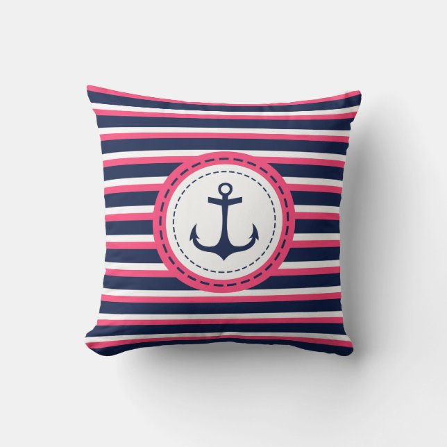 Nautical Navy Blue Hot Pink Stripes Anchor Design Cushion (Front)