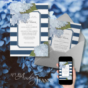 Nautical Navy Blue Hydrangea Modern Bridal Shower Invitation