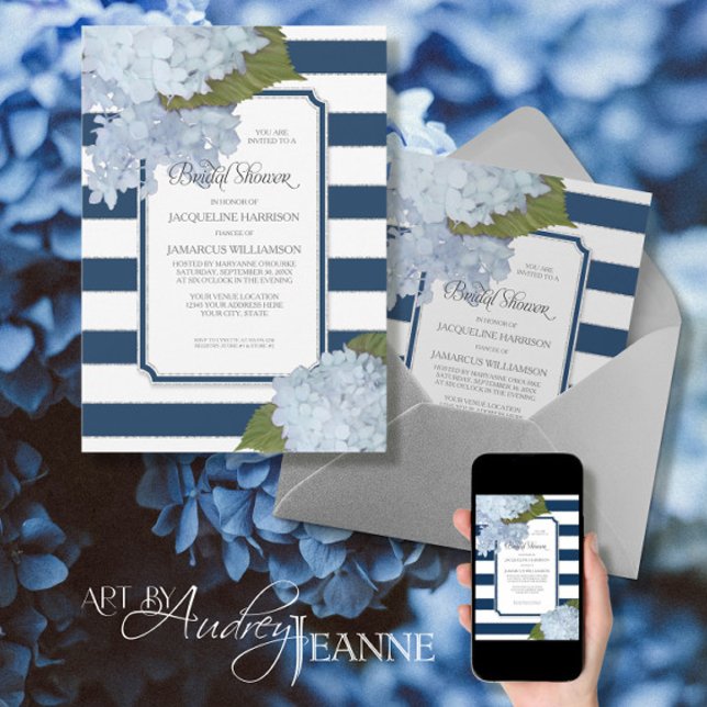 Nautical Navy Blue Hydrangea Modern Bridal Shower Invitation (Creator Uploaded)